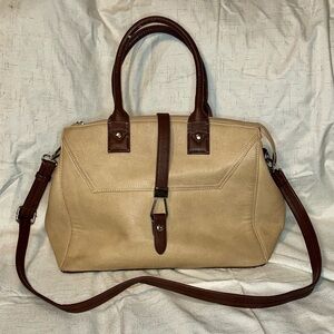 Tan Brown Faux Leather Double Handle Shoulder Bag With Crossbody Strap